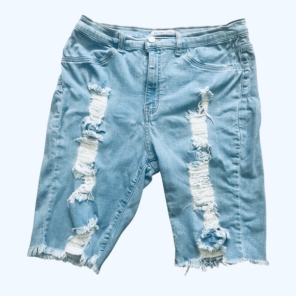 Encore Jeans denim light blue raw hem distressed shorts 1X ripped detail stretch - Picture 1 of 11